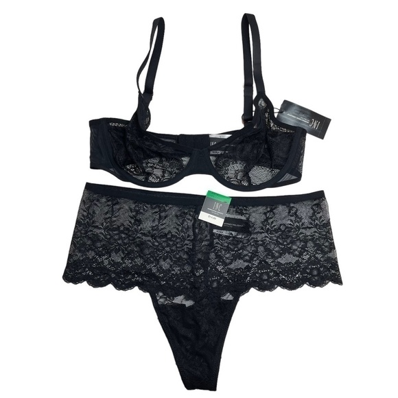 INC Intimates Underwire Lace Bra & High Waist Lace Thong Deep Black Large New - Picture 1 of 13